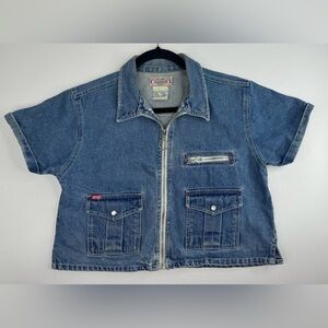 VTG At Last Jeans Zip Front Boxy Jean Shirt Womens Medium
